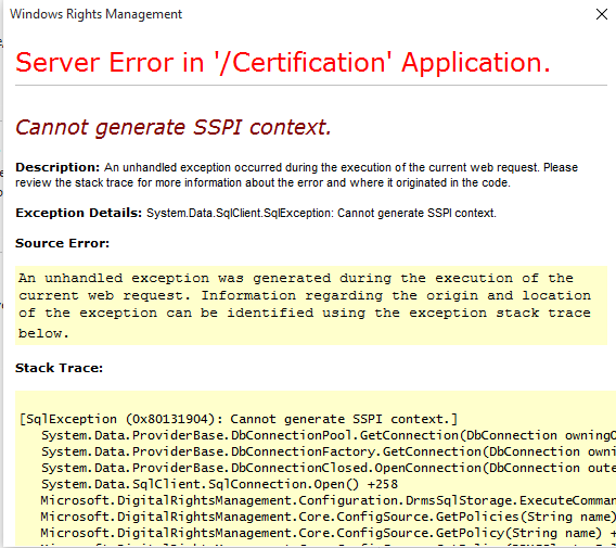 Cannot generate sspi context