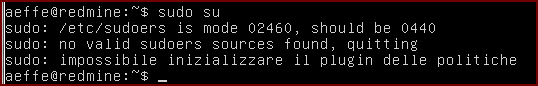 sudoers is mode 02460 should be 0440